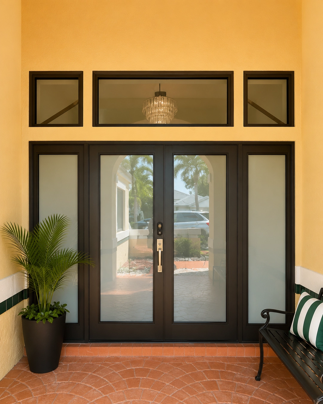 Contemporary impact pivot entrance door installed at a Coral Gables home