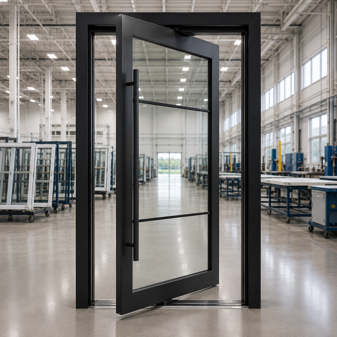 Contemporary impact pivot door at a residential entrance