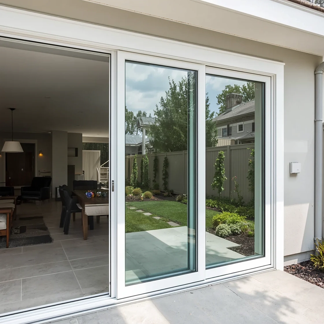 Impact sliding doors opening toward a residential patio